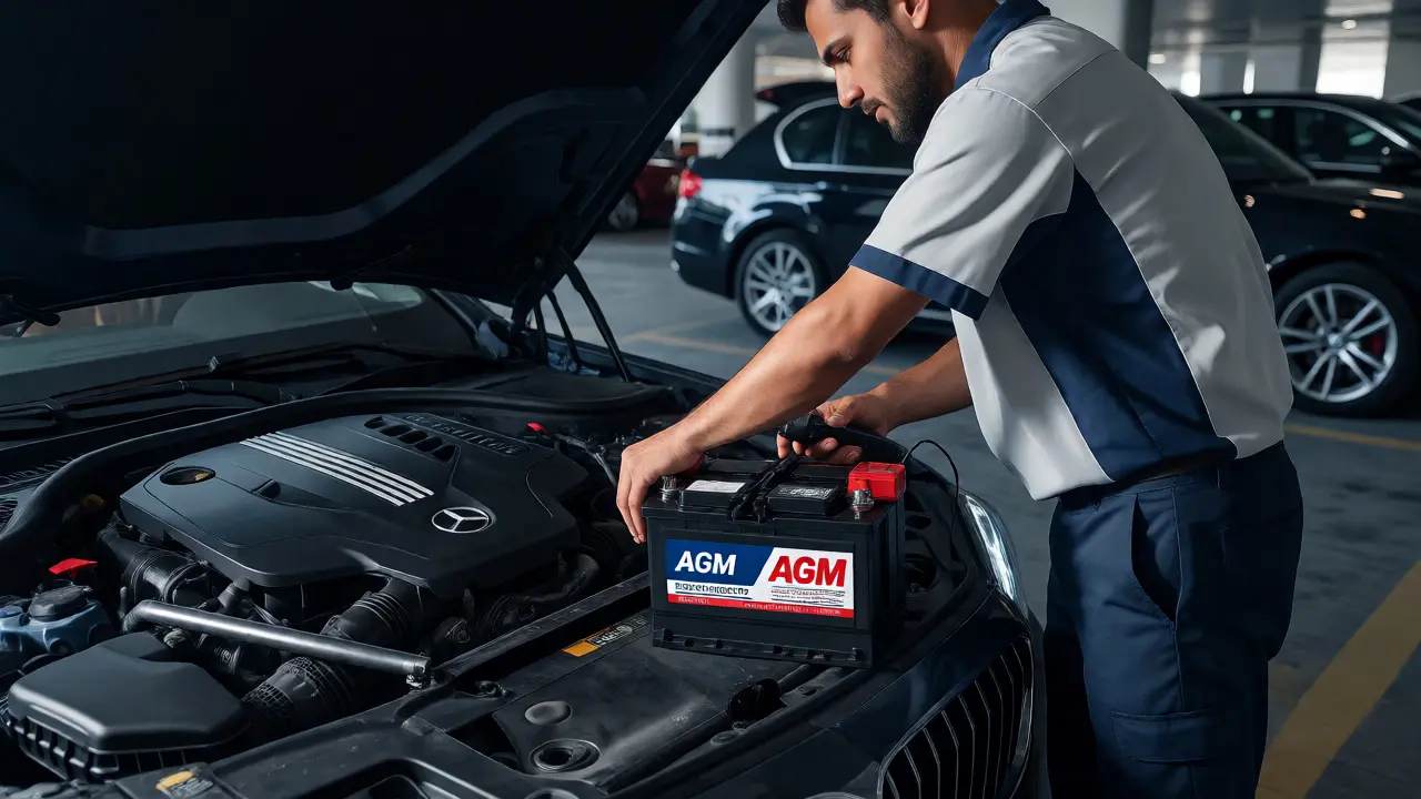 Mobile mechanic installing battery in Dubai garage