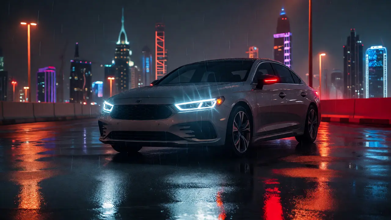 Modern sedan with bright LED headlights and taillights at night