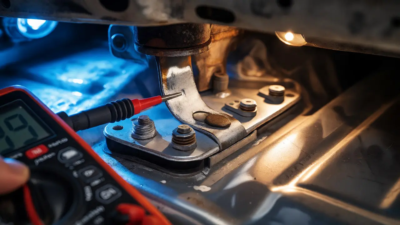 Multimeter testing a cleaned automotive ground connection under a car