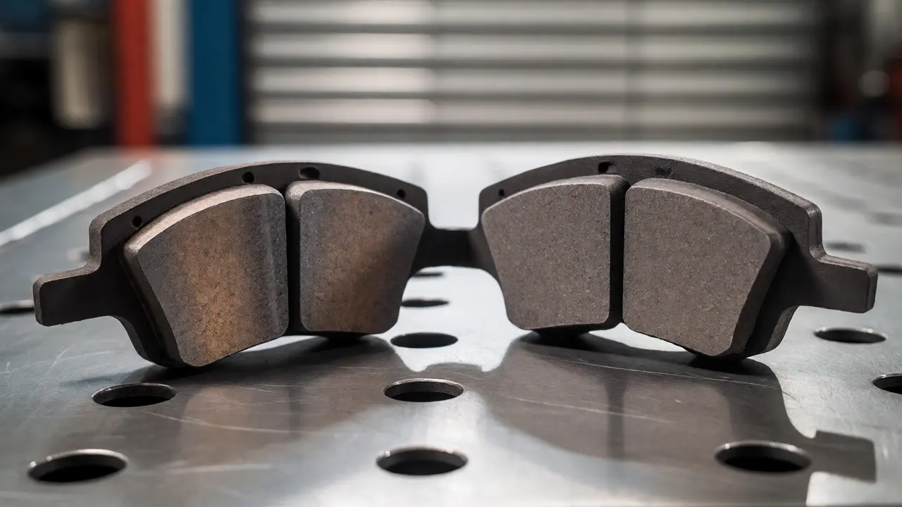 Side-by-side comparison of worn front and new rear brake pads on a bench.