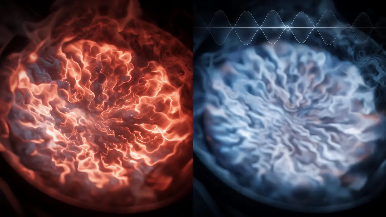 Split-screen comparison of turbulent vs. smooth engine combustion patterns.