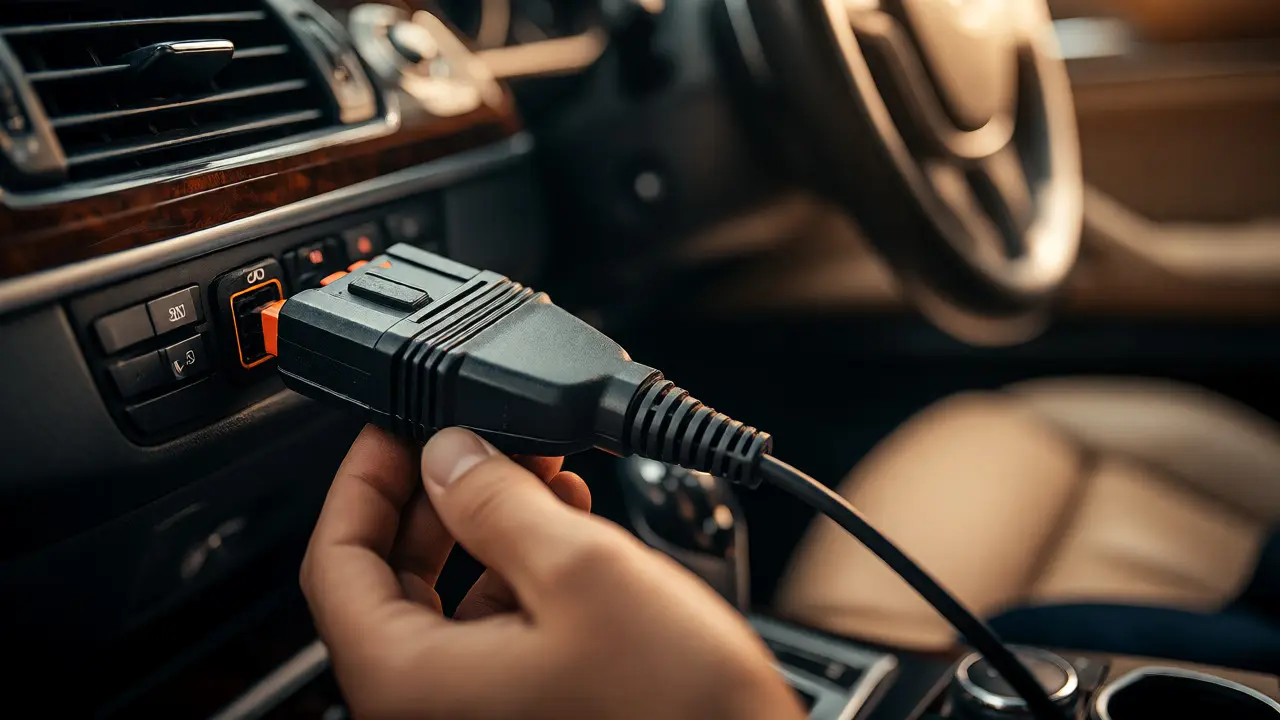 Technician plugging a diagnostic scanner into a car's OBDII port under the dashboard.