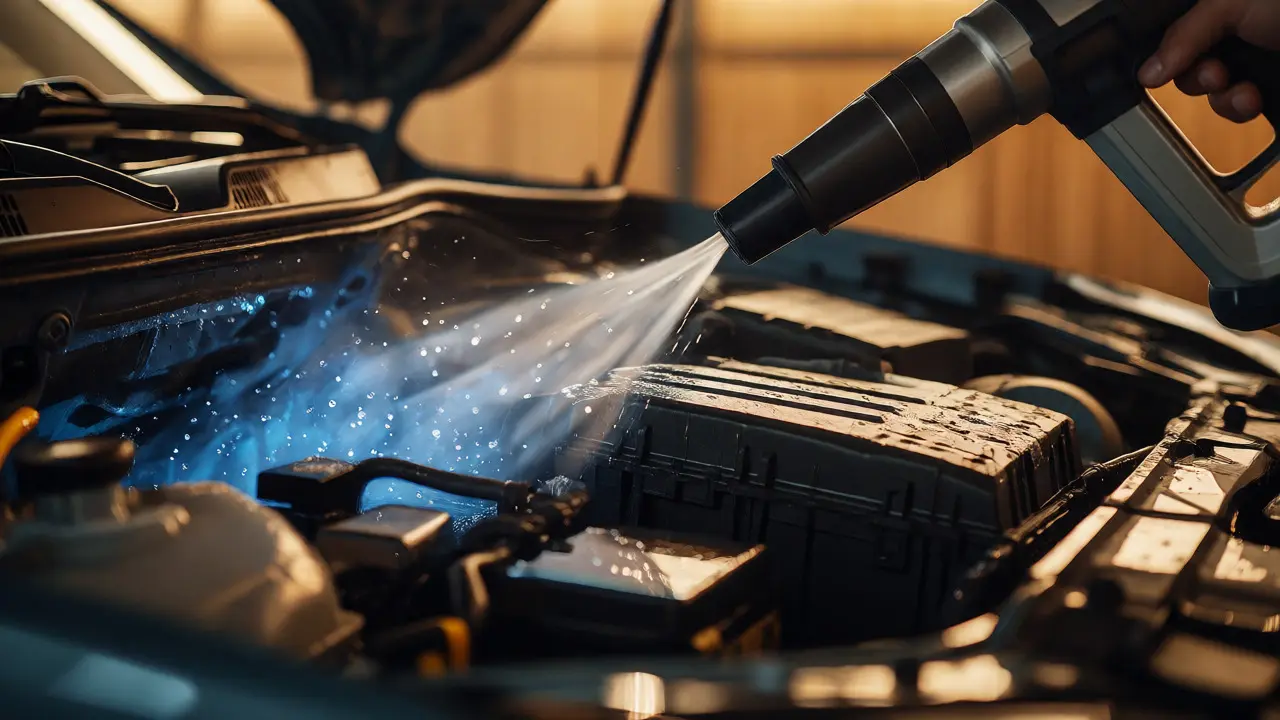 Technician using a leaf blower to dry water from engine bay crevices