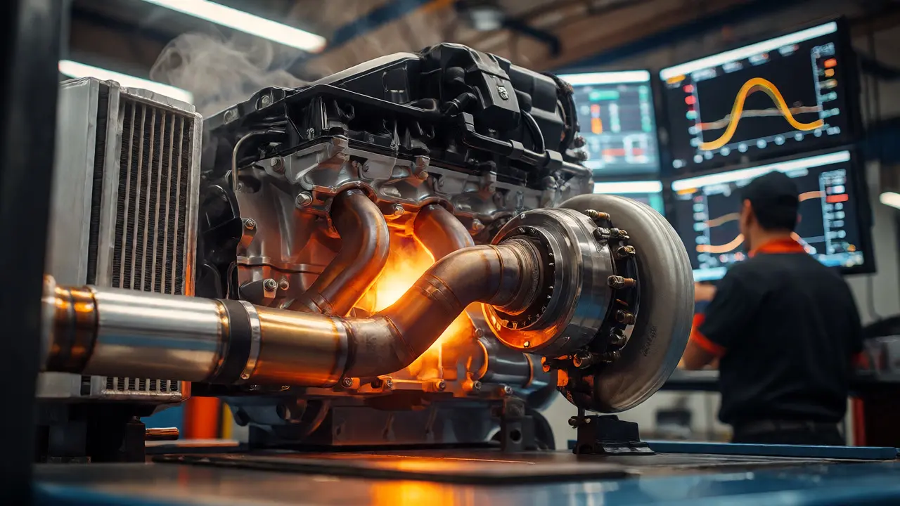 Turbocharged engine glowing hot during a high-load dyno power pull.
