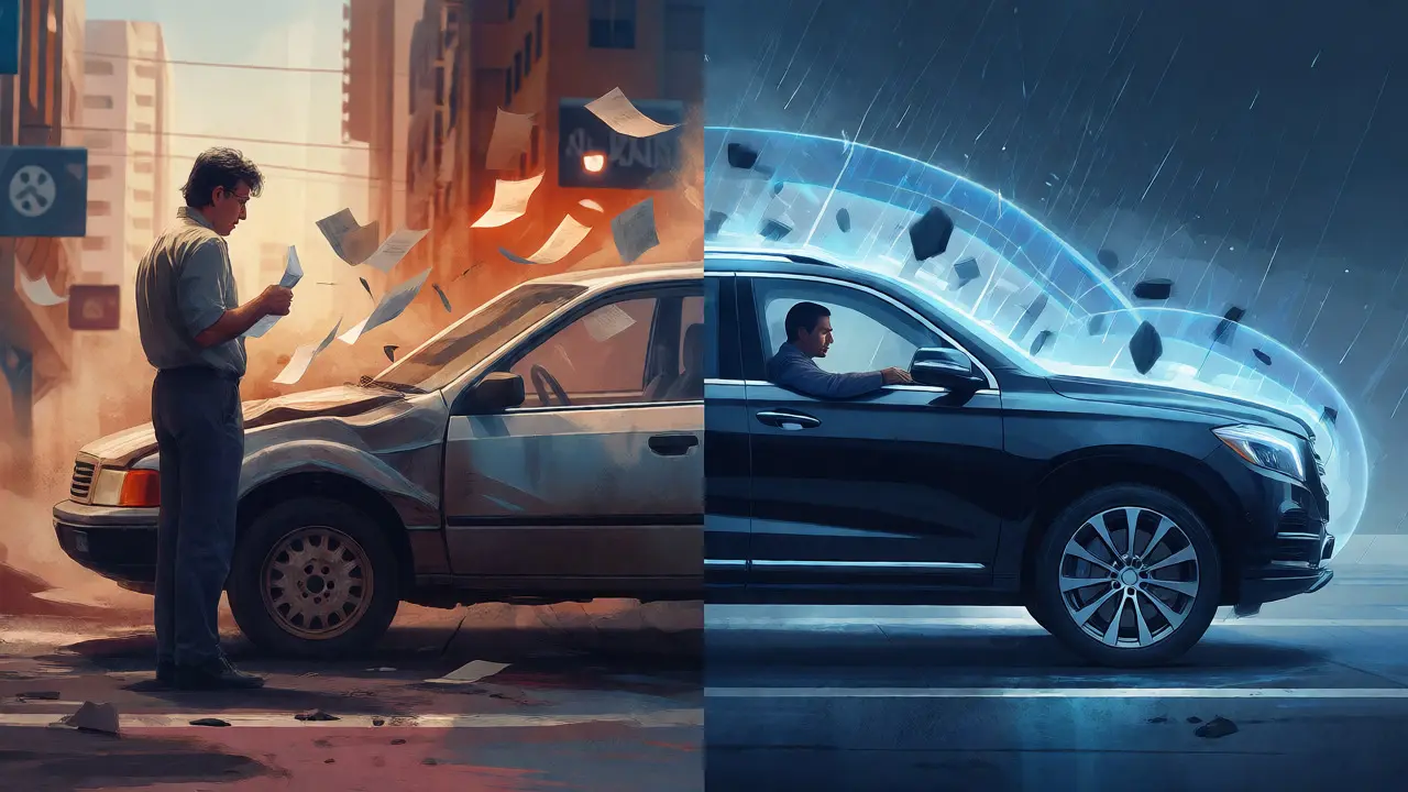 Visual comparison of third-party liability versus comprehensive car insurance coverage scenarios.